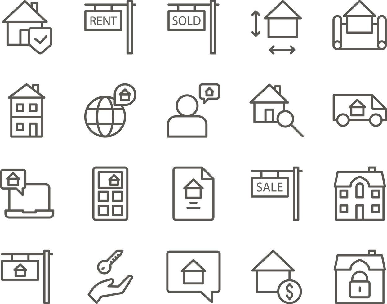 house, luck, security set vector icons. Real estate icon set. Simple Set of Real Estate Related Vector Line Icons. Contains such Icons as Map, Plan, Bedrooms on white background