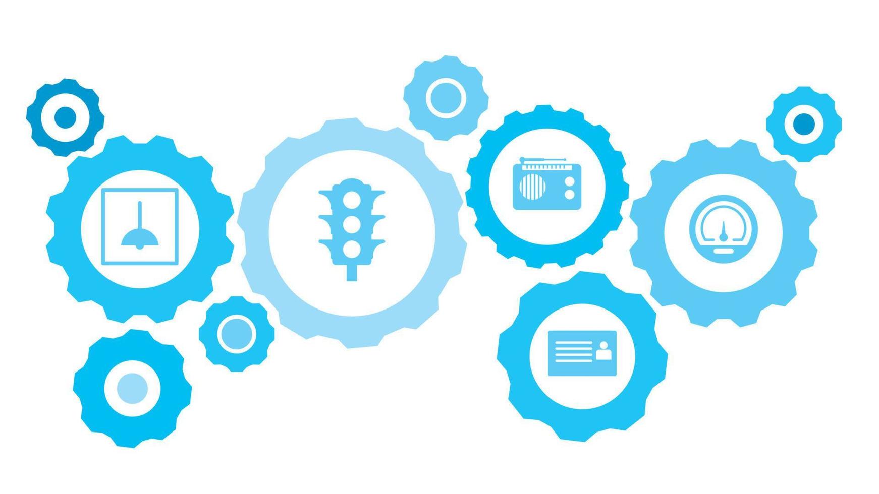 Connected gears and vector icons for logistic, service, shipping, distribution, transport, market, communicate concepts. workers, repair gear blue icon set icon on dark background