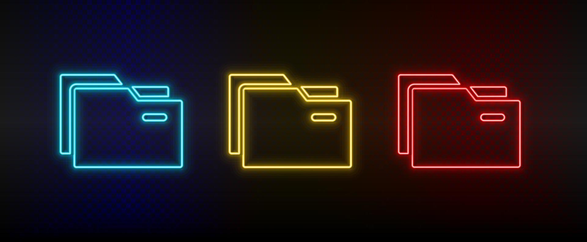 Neon icon set folders. Set of red, blue, yellow neon vector icon on dark transparent background