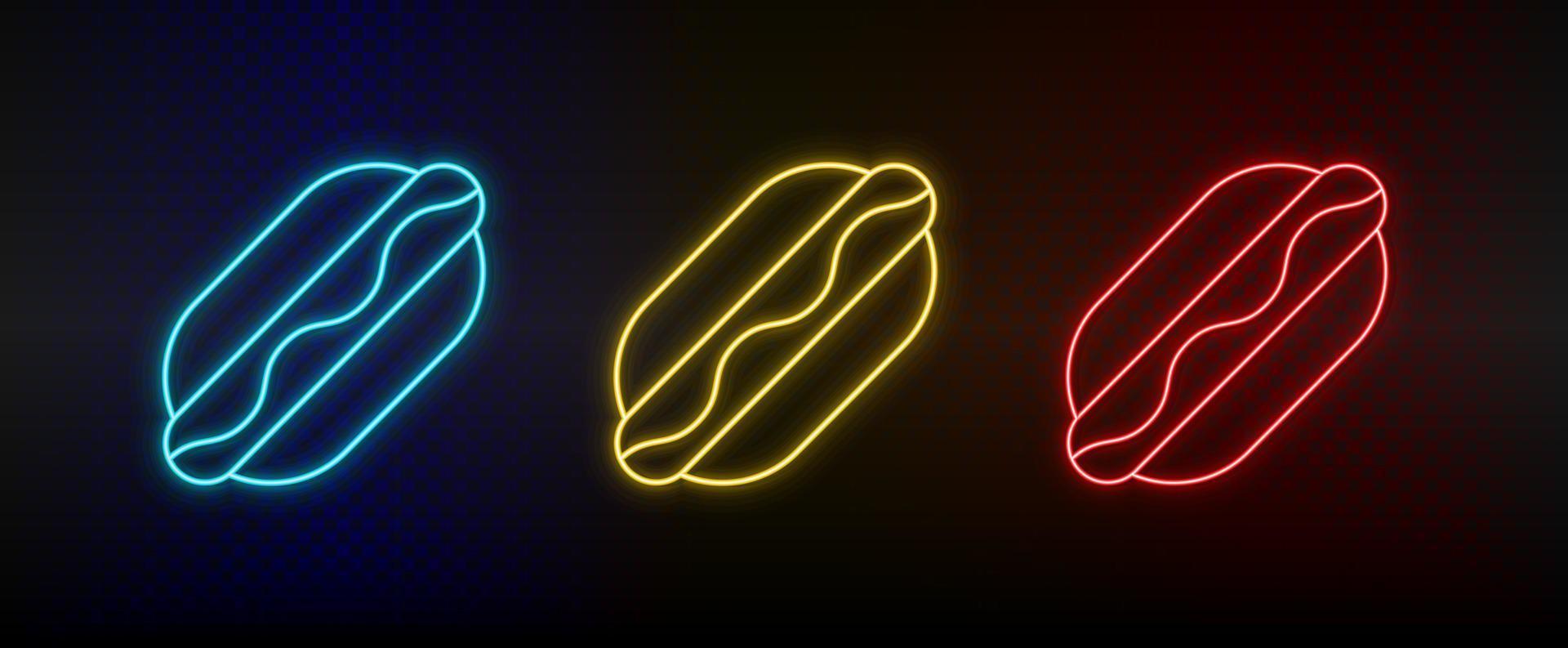 Neon icon set hotdog. Set of red, blue, yellow neon vector icon on dark background