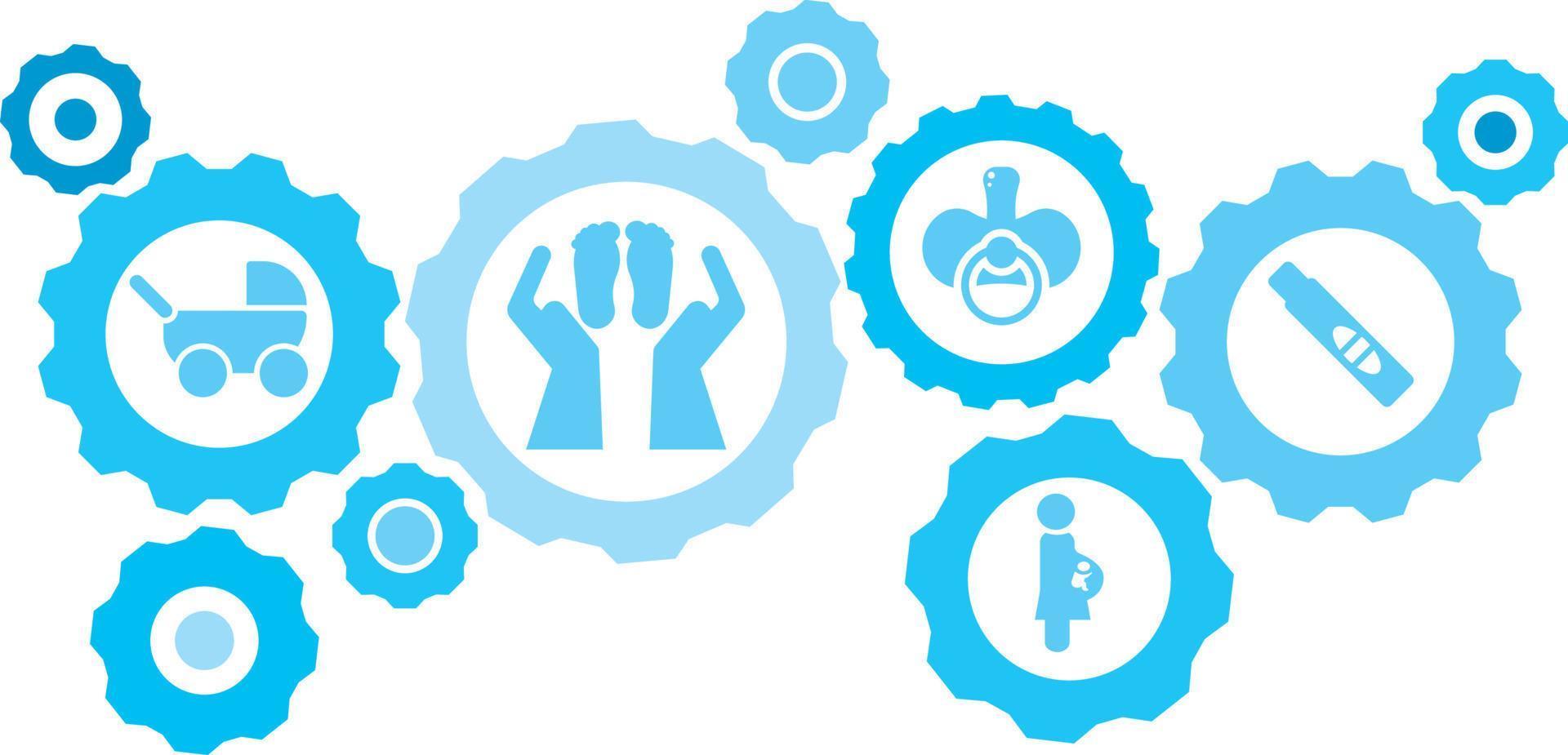 Connected gears and vector icons for logistic, service, shipping, distribution, transport, market, communicate concepts. Pregnant, gym, husband gear blue icon set .