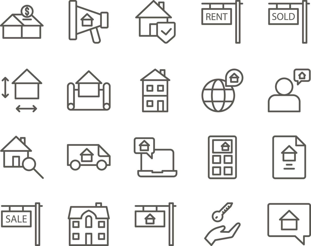 chat, home, house set vector icons. Real estate icon set. Simple Set of Real Estate Related Vector Line Icons. Contains such Icons as Map, Plan, Bedrooms on white background