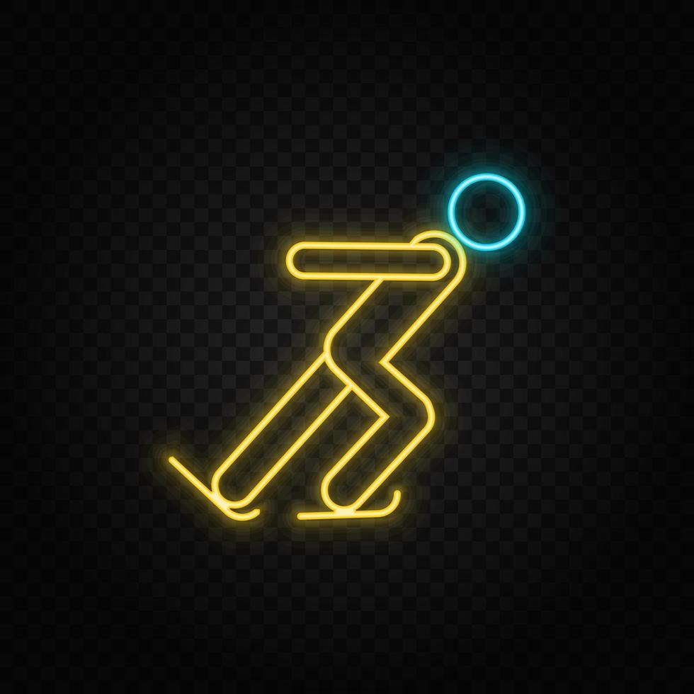 Ice skating athlete. Blue and yellow neon vector icon. Transparent background.