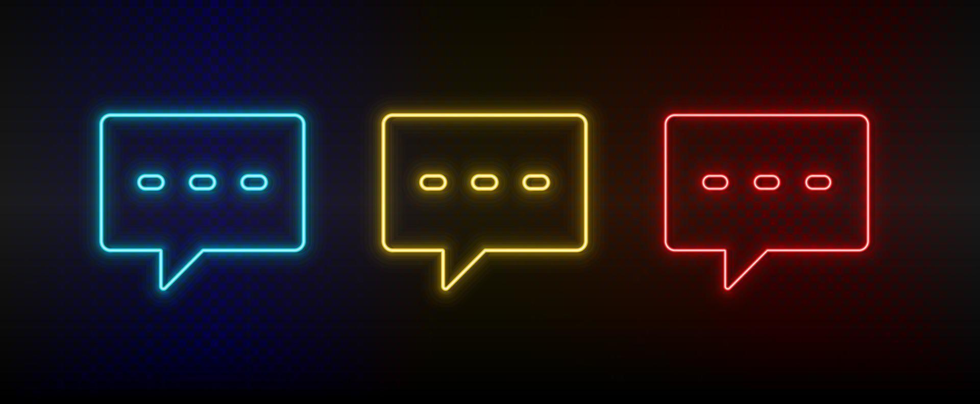 Neon icon set chat, chat bubble. Set of red, blue, yellow neon vector icon on dark transparent background