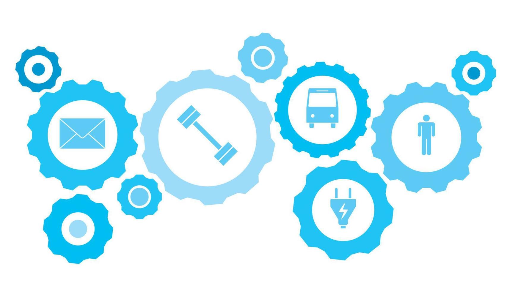Man gear blue icon set. Abstract background with connected gears and icons for logistic, service, shipping, distribution, transport, market, communicate concepts vector