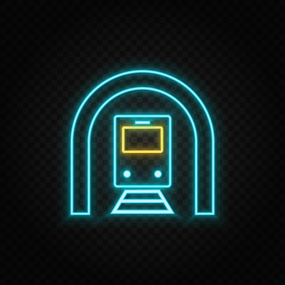 Train, tunnel. Blue and yellow neon vector icon. Transparent background.