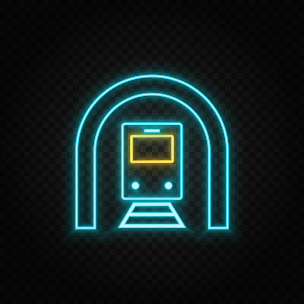 Train, tunnel. Blue and yellow neon vector icon. Transparent background.