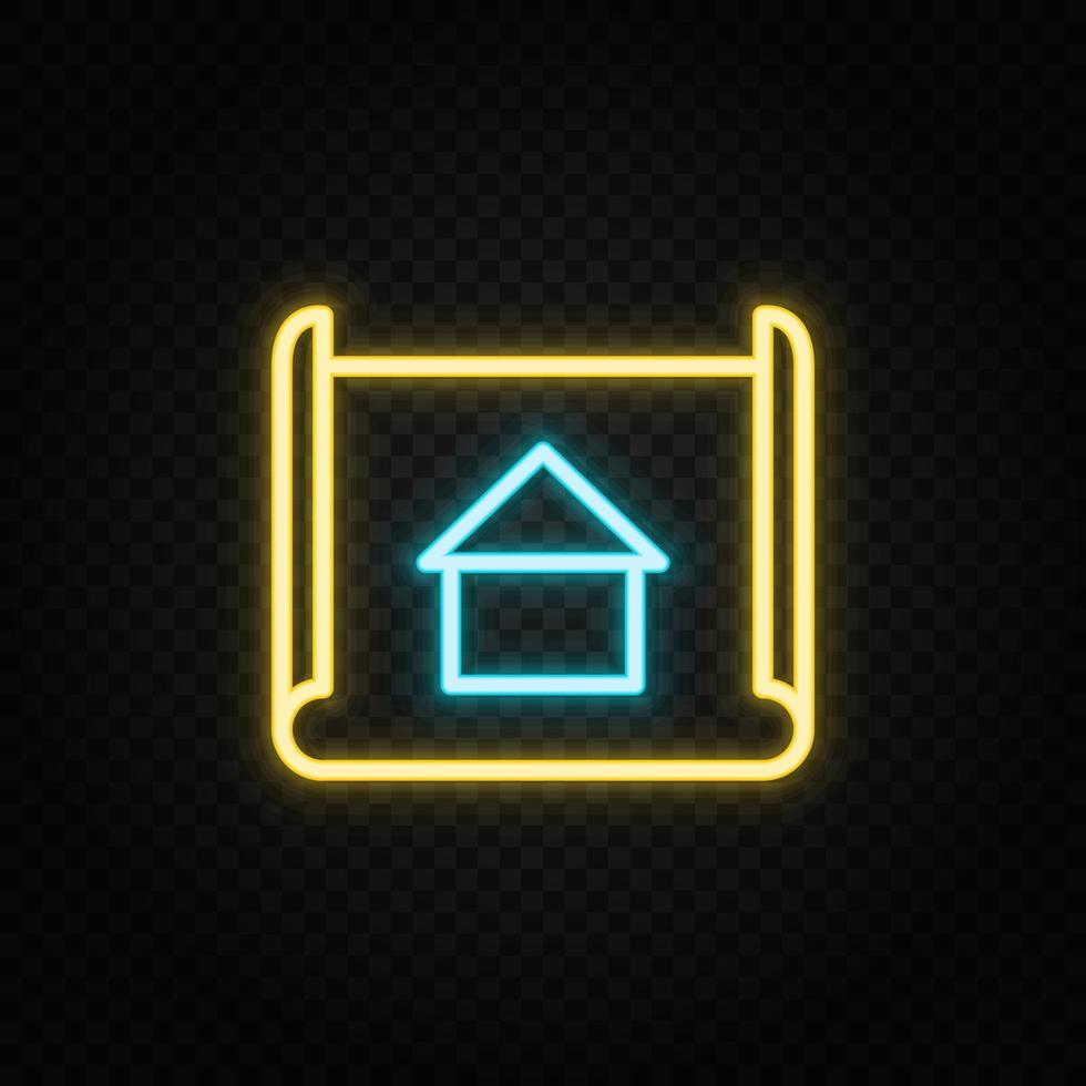 Real estate vector architect, blueprint, design. Illustration neon blue, yellow, red icon set