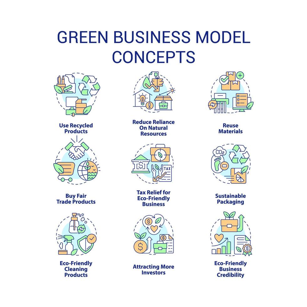 Green business model concept icons set. Eco-friendly manufacturing idea. Sustainable company thin line color illustrations. Isolated symbols. Editable stroke vector