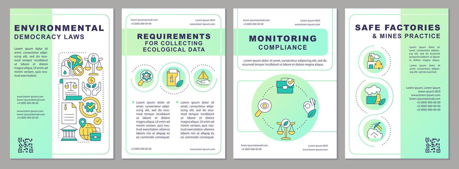 Environmental democracy law green brochure template. Ecology control. Leaflet design with linear icons. Editable 4 vector layouts for presentation, annual reports