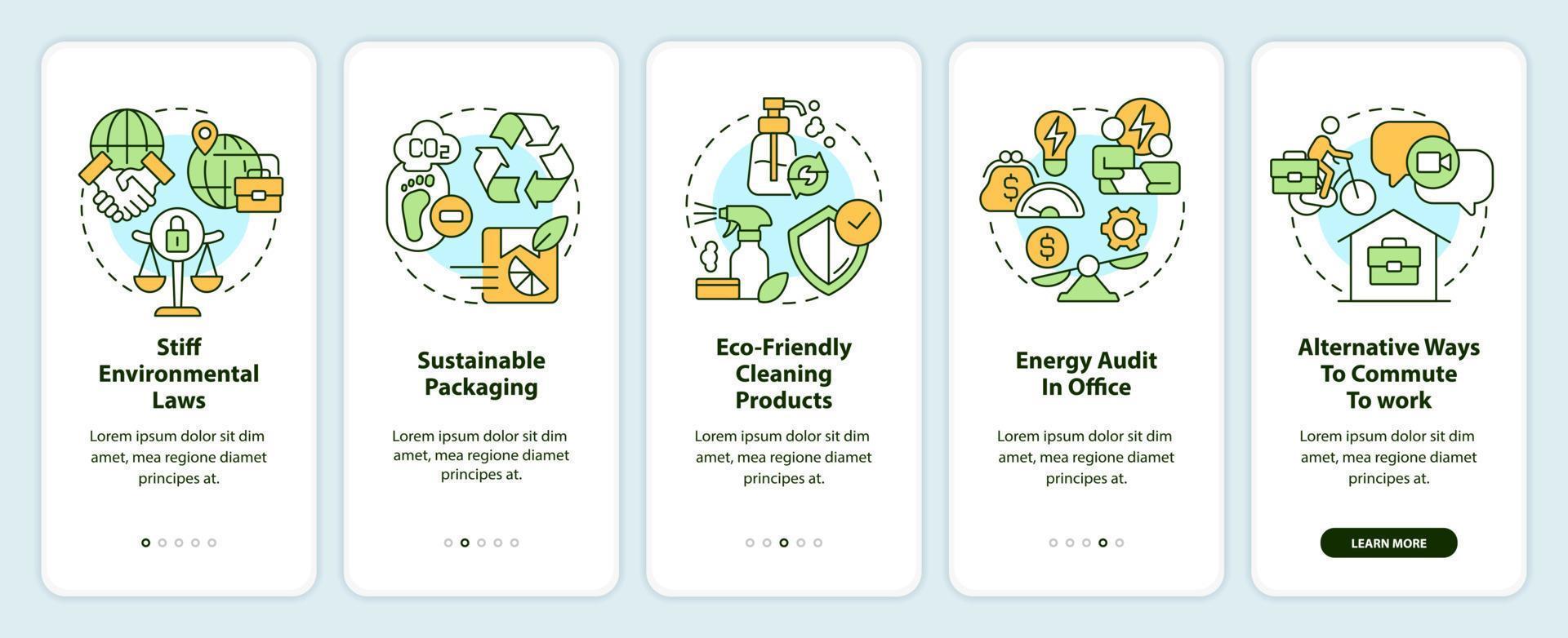Eco-minded business traits onboarding mobile app screen. Environmental walkthrough 5 steps editable graphic instructions with linear concepts. UI, UX, GUI template vector