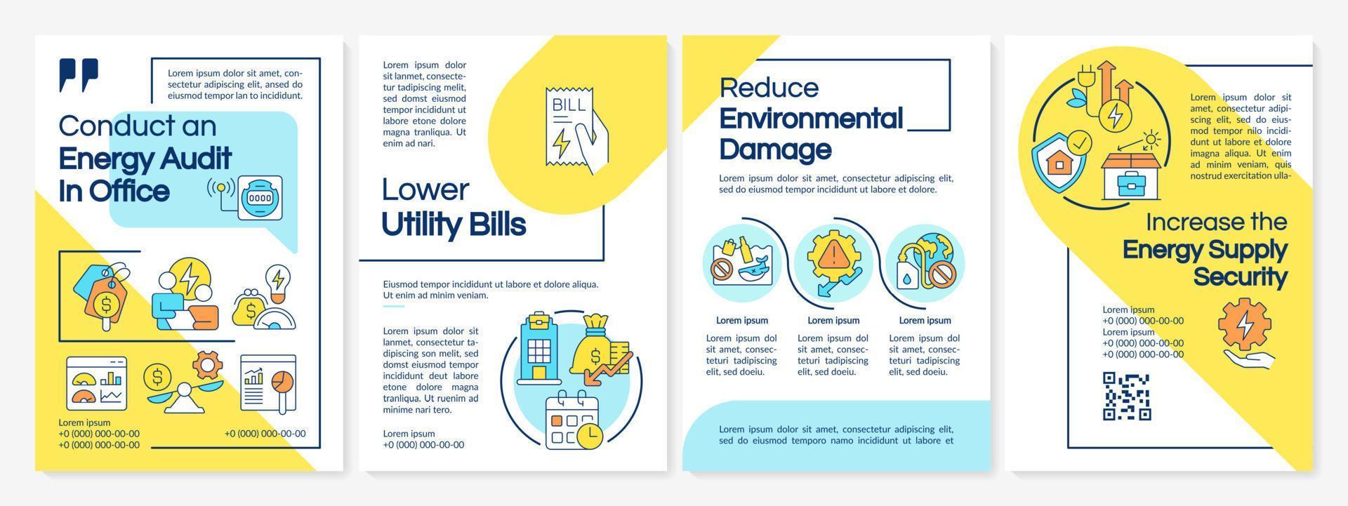 Energy audit in office blue and yellow brochure template. Save power. Leaflet design with linear icons. Editable 4 vector layouts for presentation, annual reports