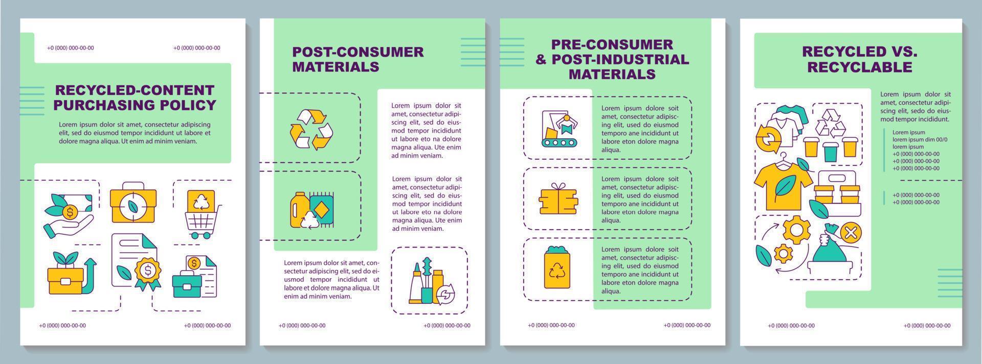 Recycled-content purchasing laws green brochure template. Reusable materials. Leaflet design with linear icons. Editable 4 vector layouts for presentation, annual reports