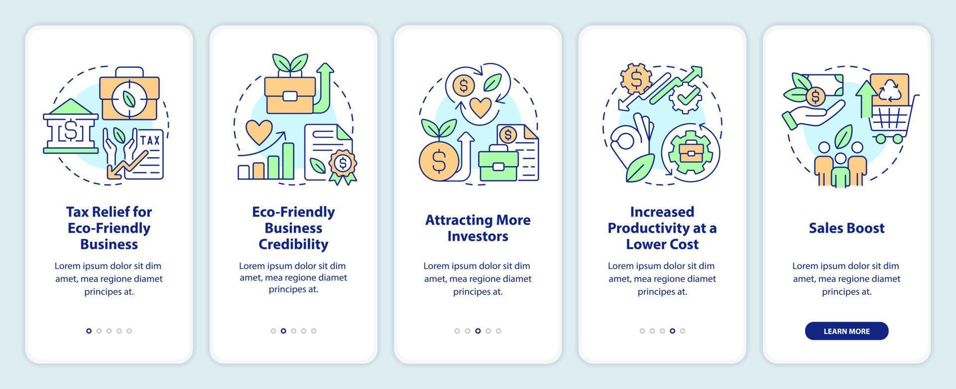 Going green benefits for business onboarding mobile app screen. Walkthrough 5 steps editable graphic instructions with linear concepts. UI, UX, GUI template vector