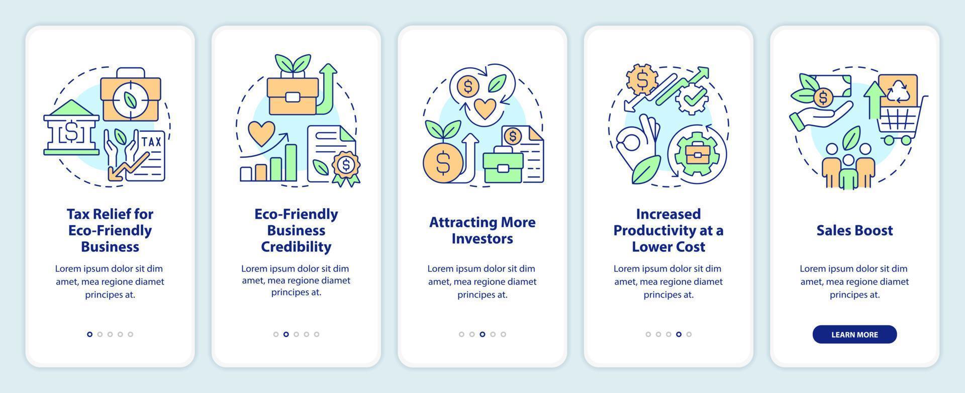 yendo verde beneficios para negocio inducción móvil aplicación pantalla. recorrido 5 5 pasos editable gráfico instrucciones con lineal conceptos. ui, ux, gui modelo vector