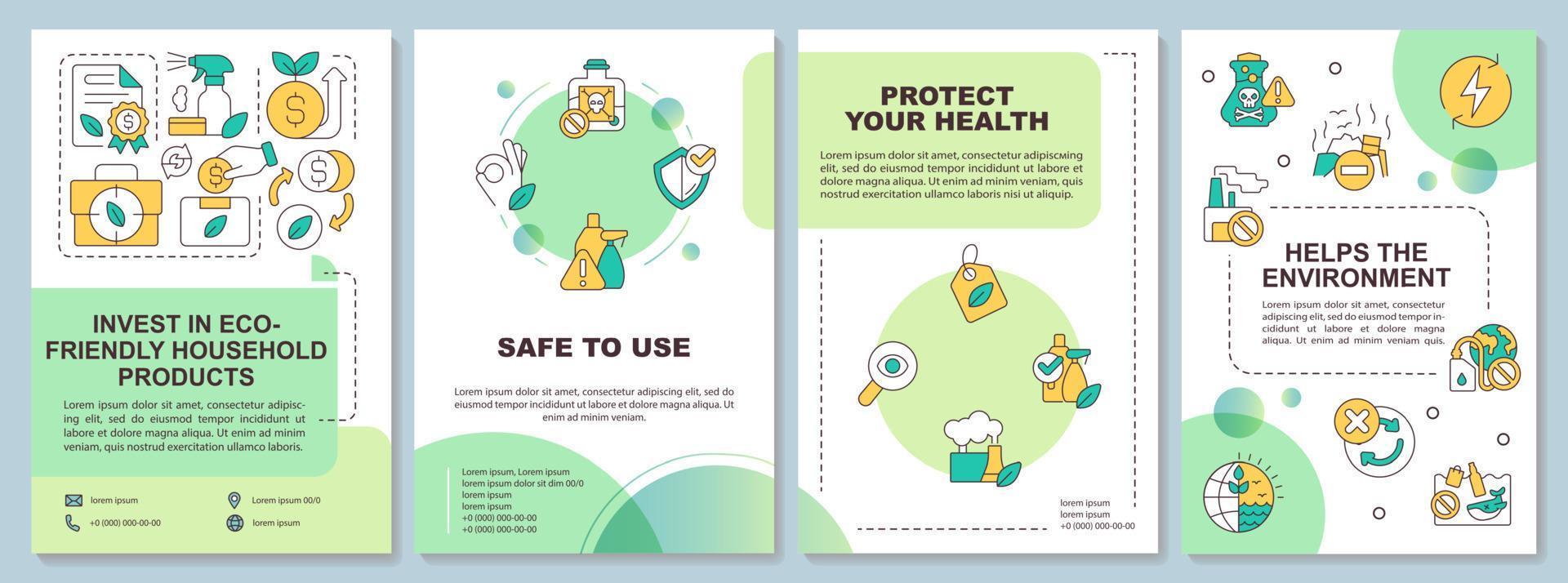 Invest in ecological household goods green brochure template. Leaflet design with linear icons. Editable 4 vector layouts for presentation, annual reports