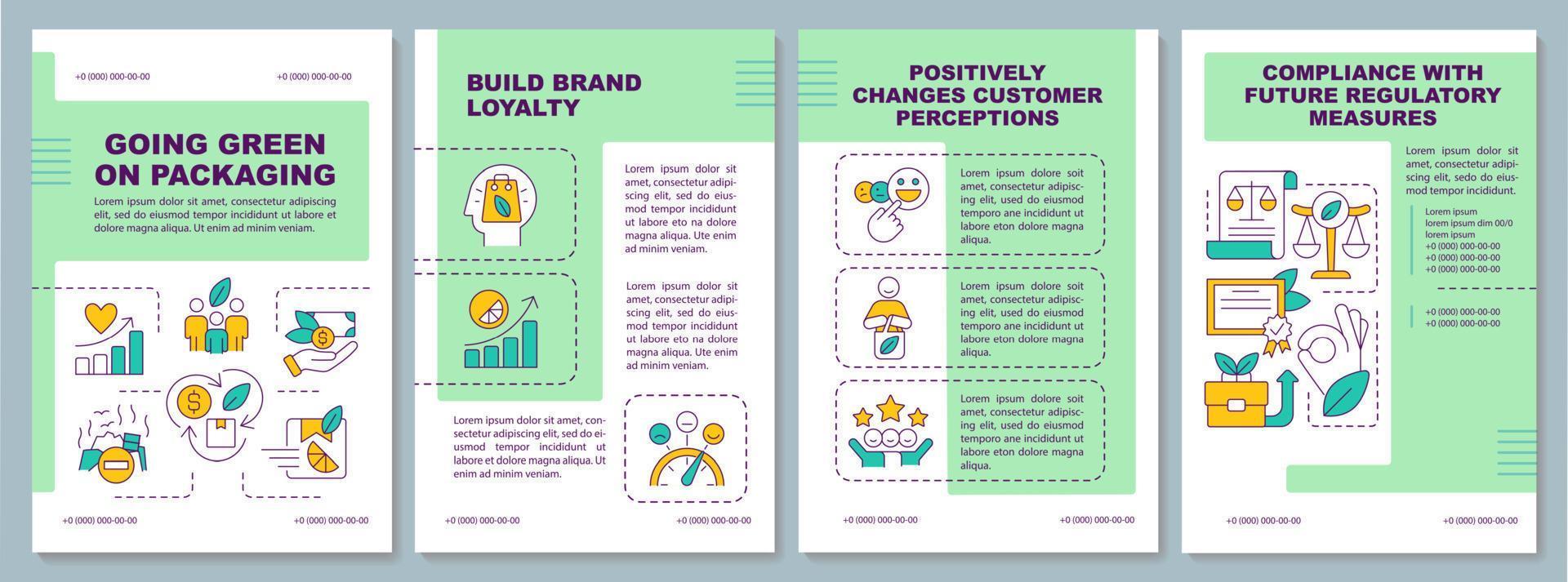 Ecological packaging green brochure template. Sustainable materials. Leaflet design with linear icons. Editable 4 vector layouts for presentation, annual reports