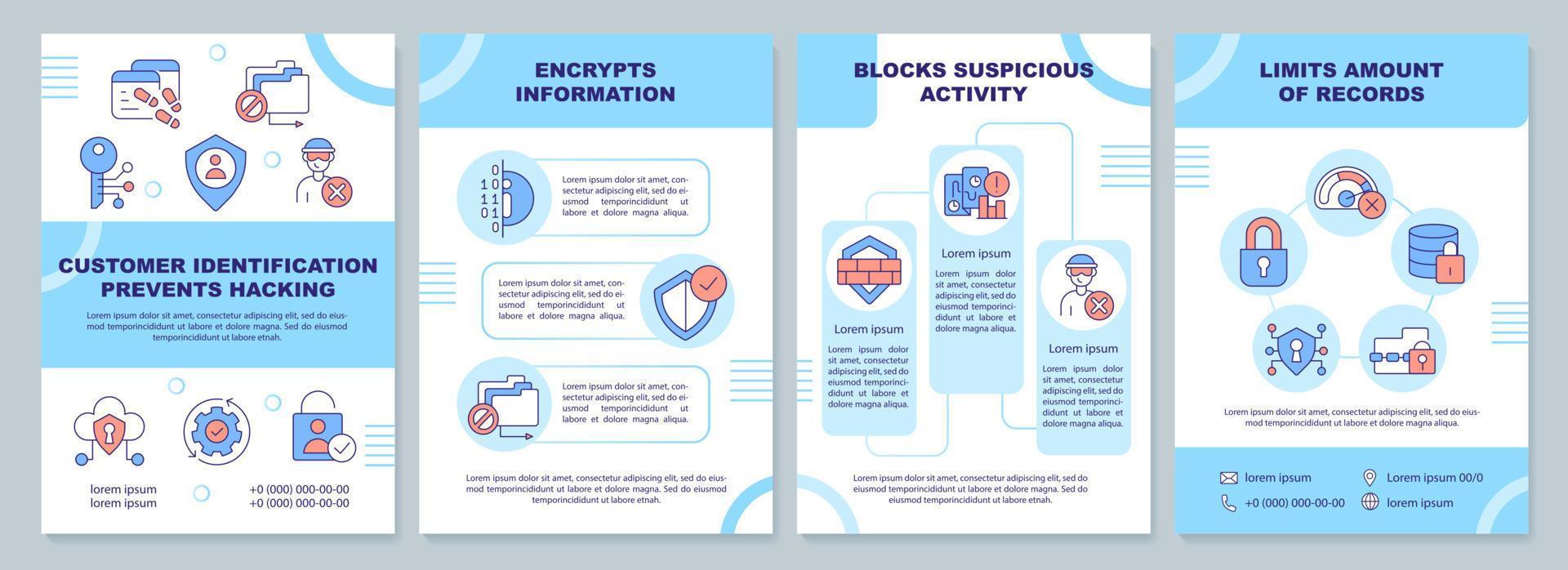 Customer identification prevents hacks blue brochure template. Leaflet design with linear icons. Editable 4 vector layouts for presentation, annual reports