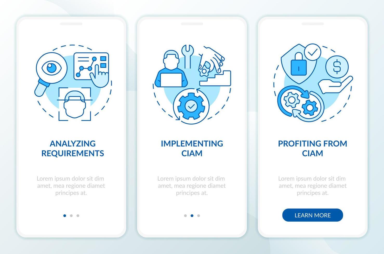 Involving CIAM in business blue onboarding mobile app screen. Walkthrough 3 steps editable graphic instructions with linear concepts. UI, UX, GUI template vector