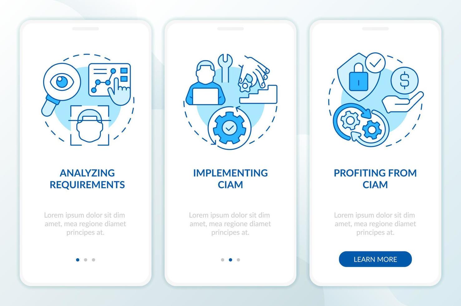 involucrando ciam en negocio azul inducción móvil aplicación pantalla. recorrido 3 pasos editable gráfico instrucciones con lineal conceptos. ui, ux, gui modelo vector