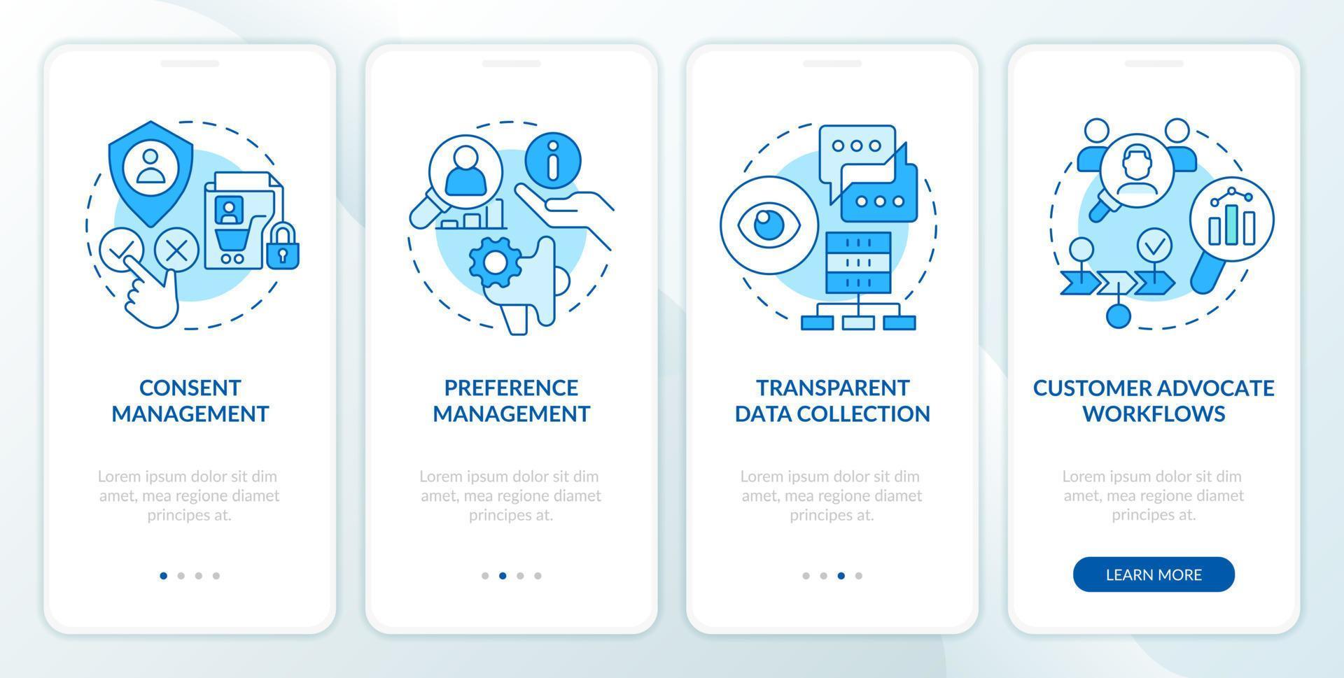 CIAM aspects blue onboarding mobile app screen. Customer regulation walkthrough 4 steps editable graphic instructions with linear concepts. UI, UX, GUI template vector