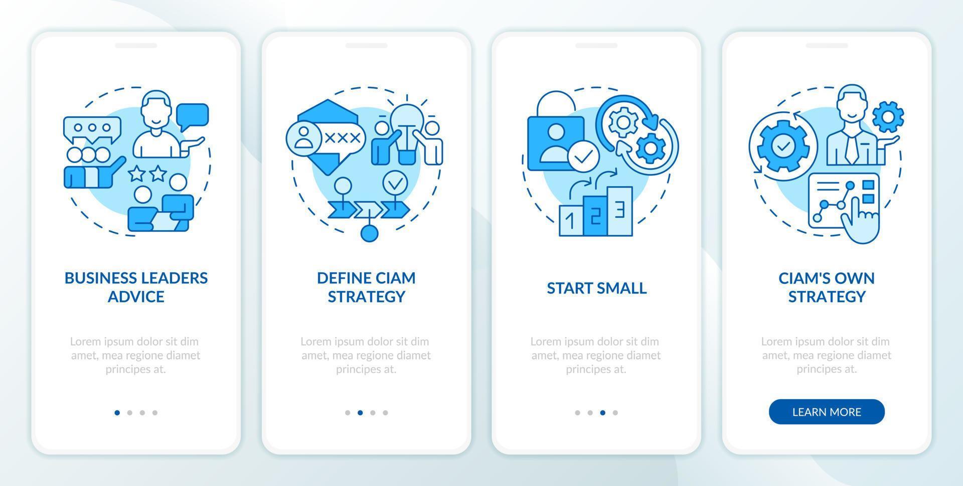 Start with CIAM blue onboarding mobile app screen. Optimize business walkthrough 4 steps editable graphic instructions with linear concepts. UI, UX, GUI template vector