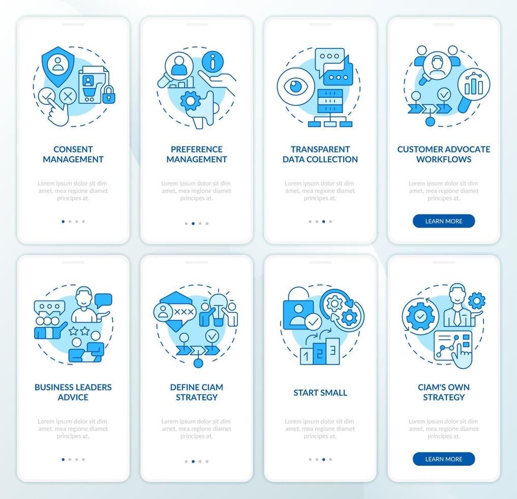 Customer identity management blue onboarding mobile app screen set. Walkthrough 5 steps editable graphic instructions with linear concepts. UI, UX, GUI template vector
