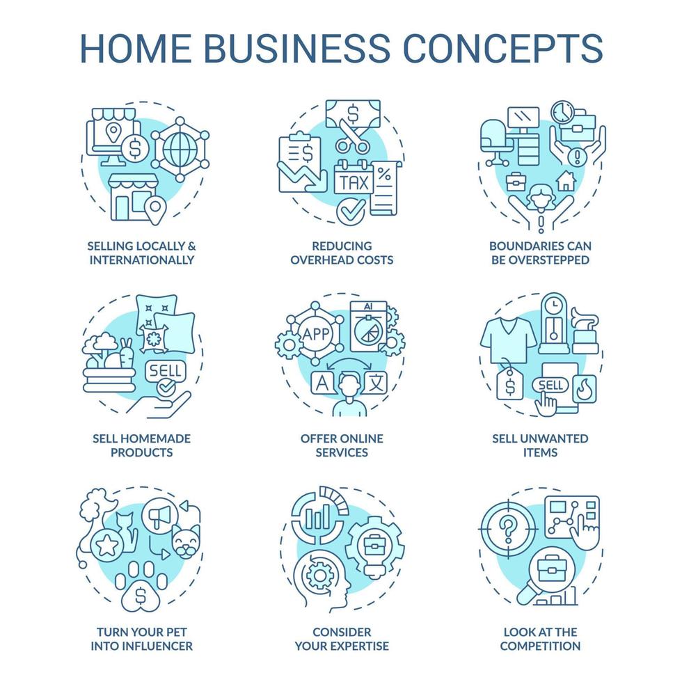 Home business turquoise concept icons set. Earn money remotely. Manufacturing startup idea thin line color illustrations. Isolated symbols. Editable stroke vector