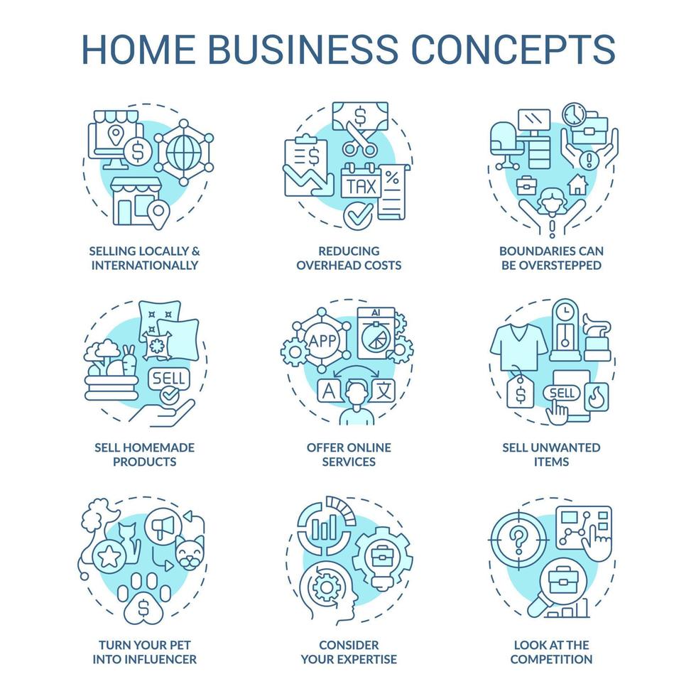 hogar negocio turquesa concepto íconos colocar. ganar dinero remotamente fabricación puesta en marcha idea Delgado línea color ilustraciones. aislado simbolos editable carrera vector