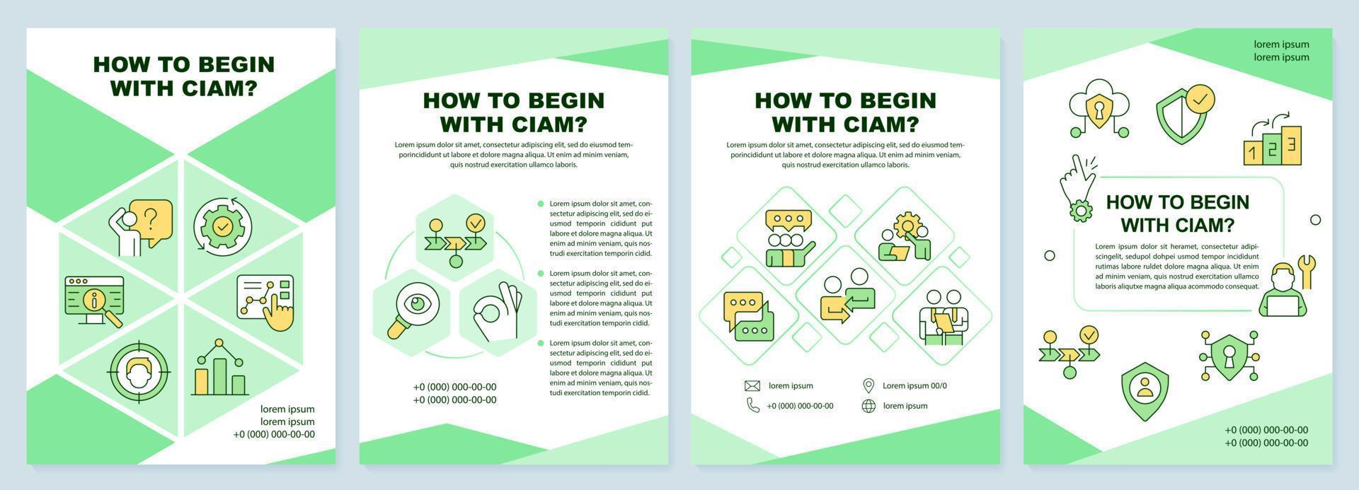 Beginning with CIAM green brochure template. Business upgrade. Leaflet design with linear icons. Editable 4 vector layouts for presentation, annual reports