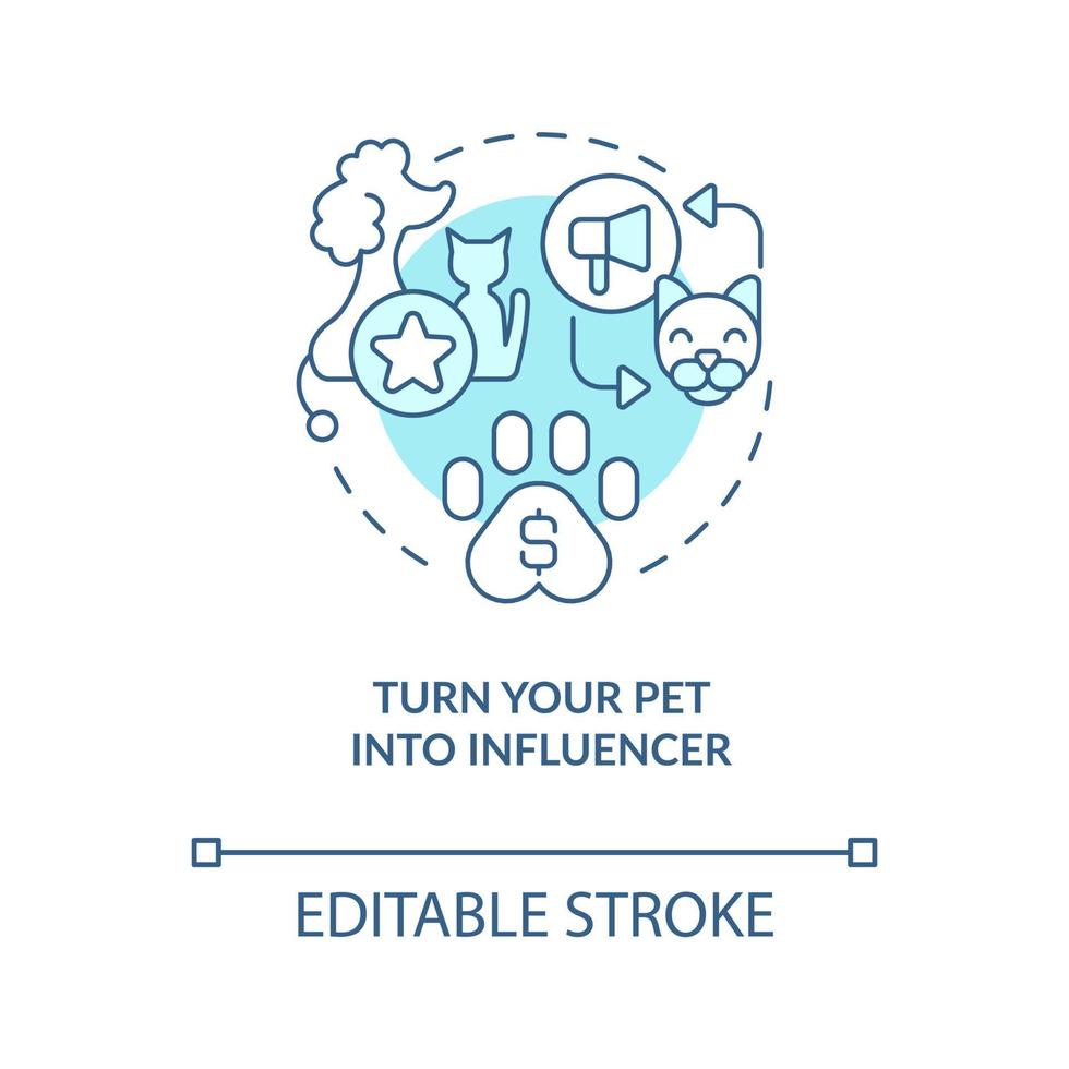 Turning pet into influencer turquoise concept icon. Home business for ladies abstract idea thin line illustration. Isolated outline drawing. Editable stroke vector