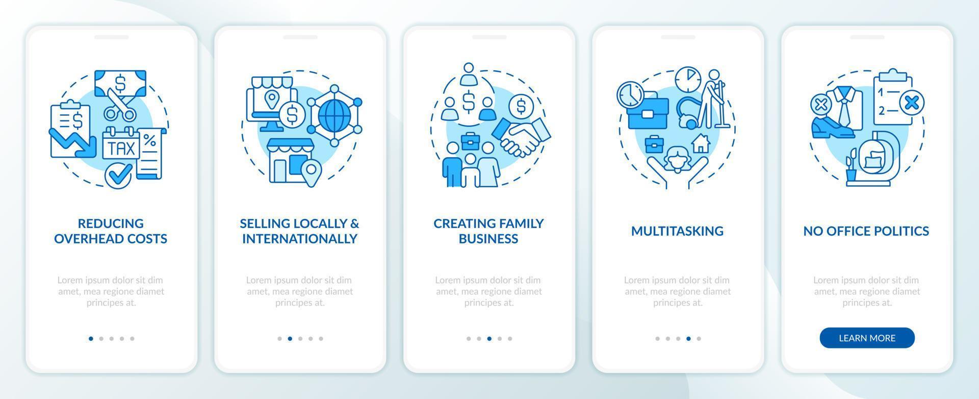 Working from home benefits blue onboarding mobile app screen. Walkthrough 5 steps editable graphic instructions with linear concepts. UI, UX, GUI template vector