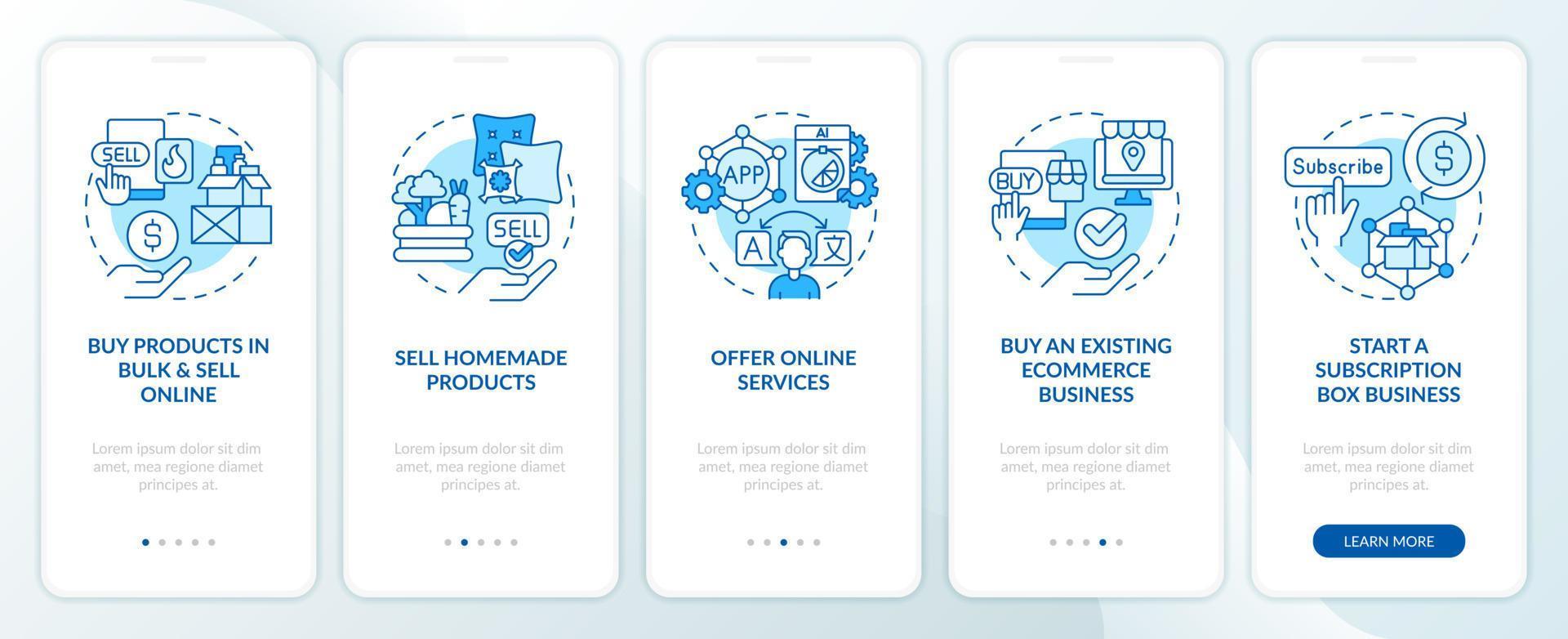 Successful home business ideas blue onboarding mobile app screen. Walkthrough 5 steps editable graphic instructions with linear concepts. UI, UX, GUI template vector