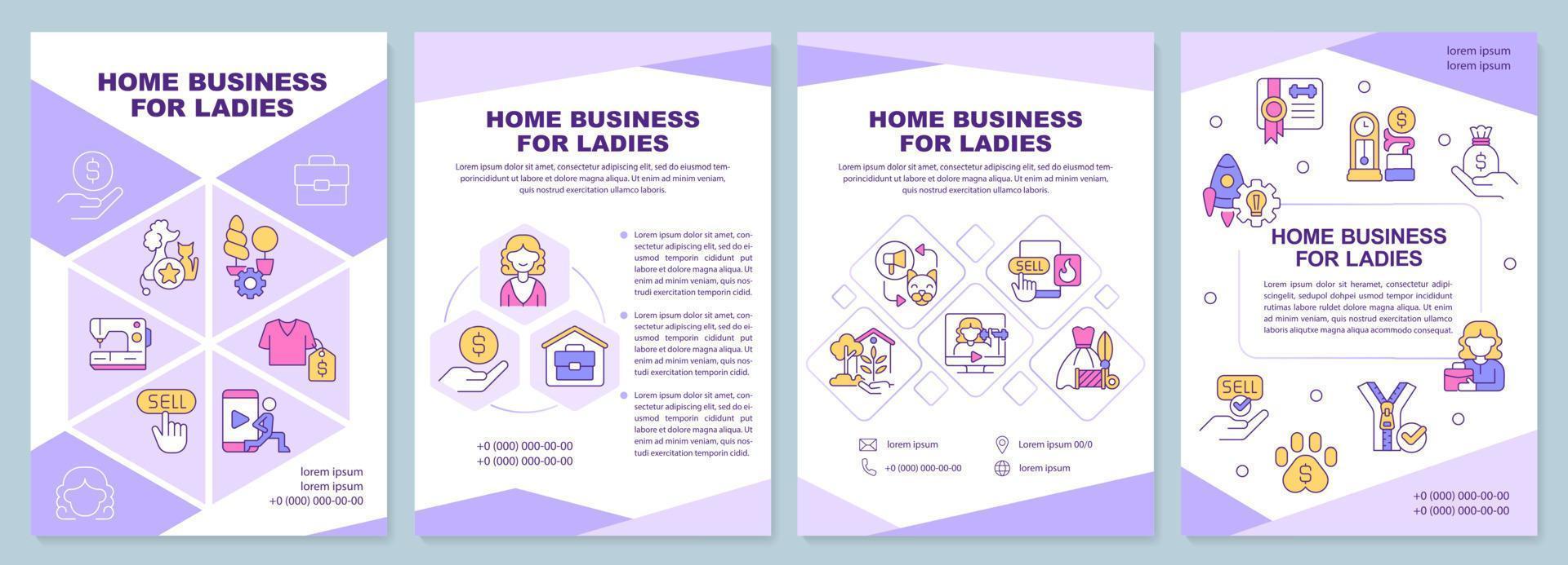 Home business for ladies brochure template. Woman entrepreneur. Leaflet design with linear icons. Editable 4 vector layouts for presentation, annual reports