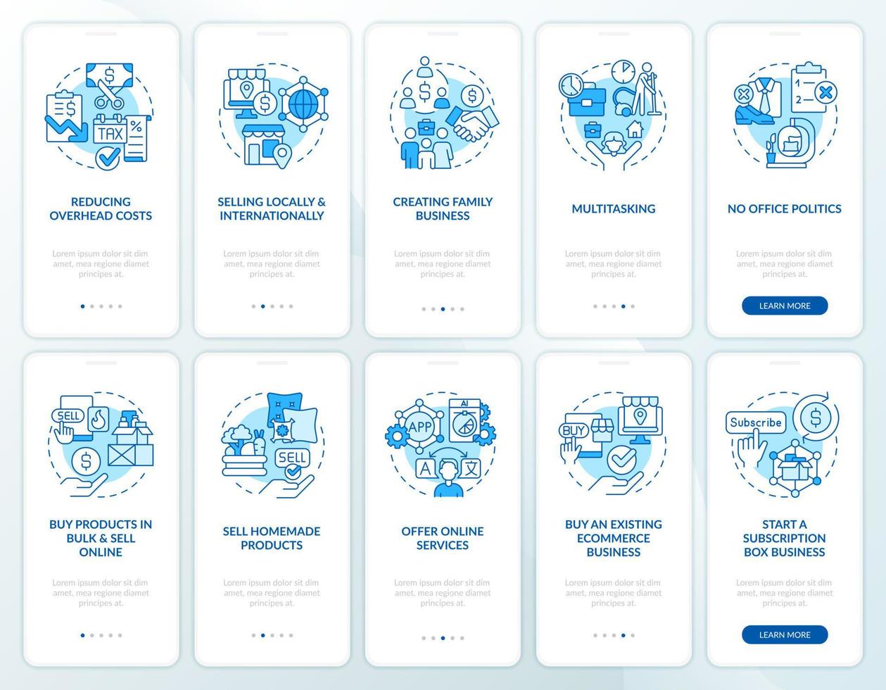 Successful home business blue onboarding mobile app screen set. Walkthrough 5 steps editable graphic instructions with linear concepts. UI, UX, GUI template vector