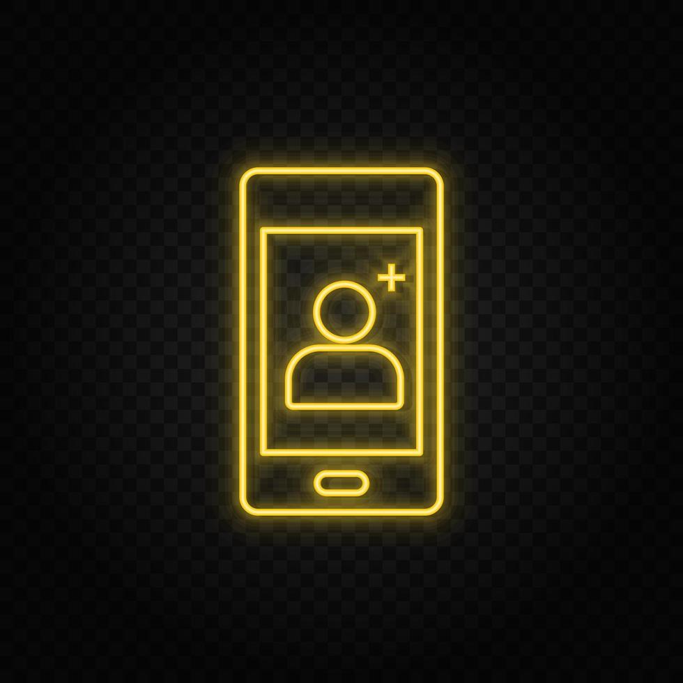 Yellow neon icon phone, add contact, new contact. Transparent background. Yellow neon vector icon on dark background