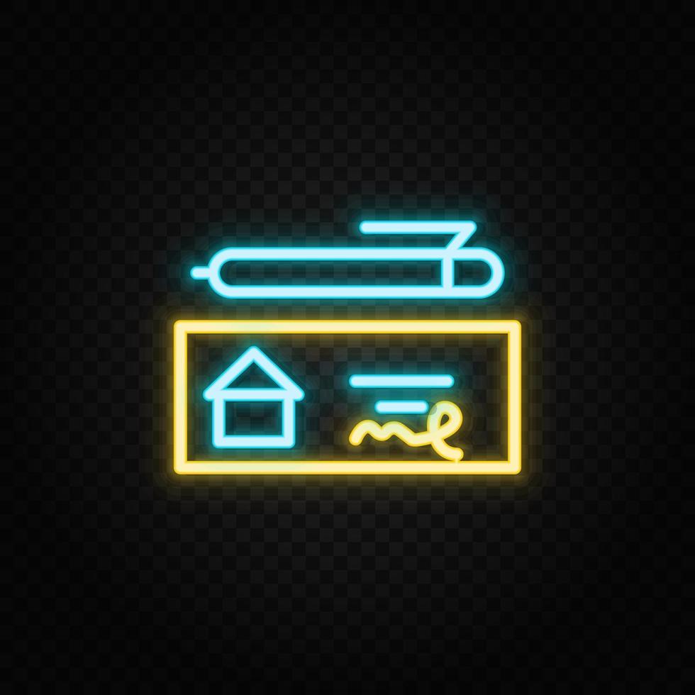 Real estate vector check, checkout, pen, house. Illustration neon blue, yellow, red icon set