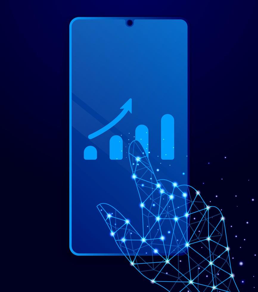 analytics, bar chart touch phone. Polygon style touch phone vector illustration