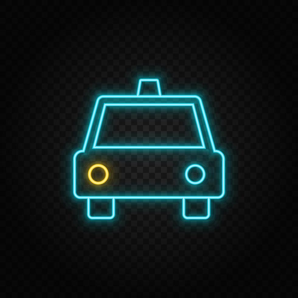 Taxi. Blue and yellow neon vector icon. Transparent background.