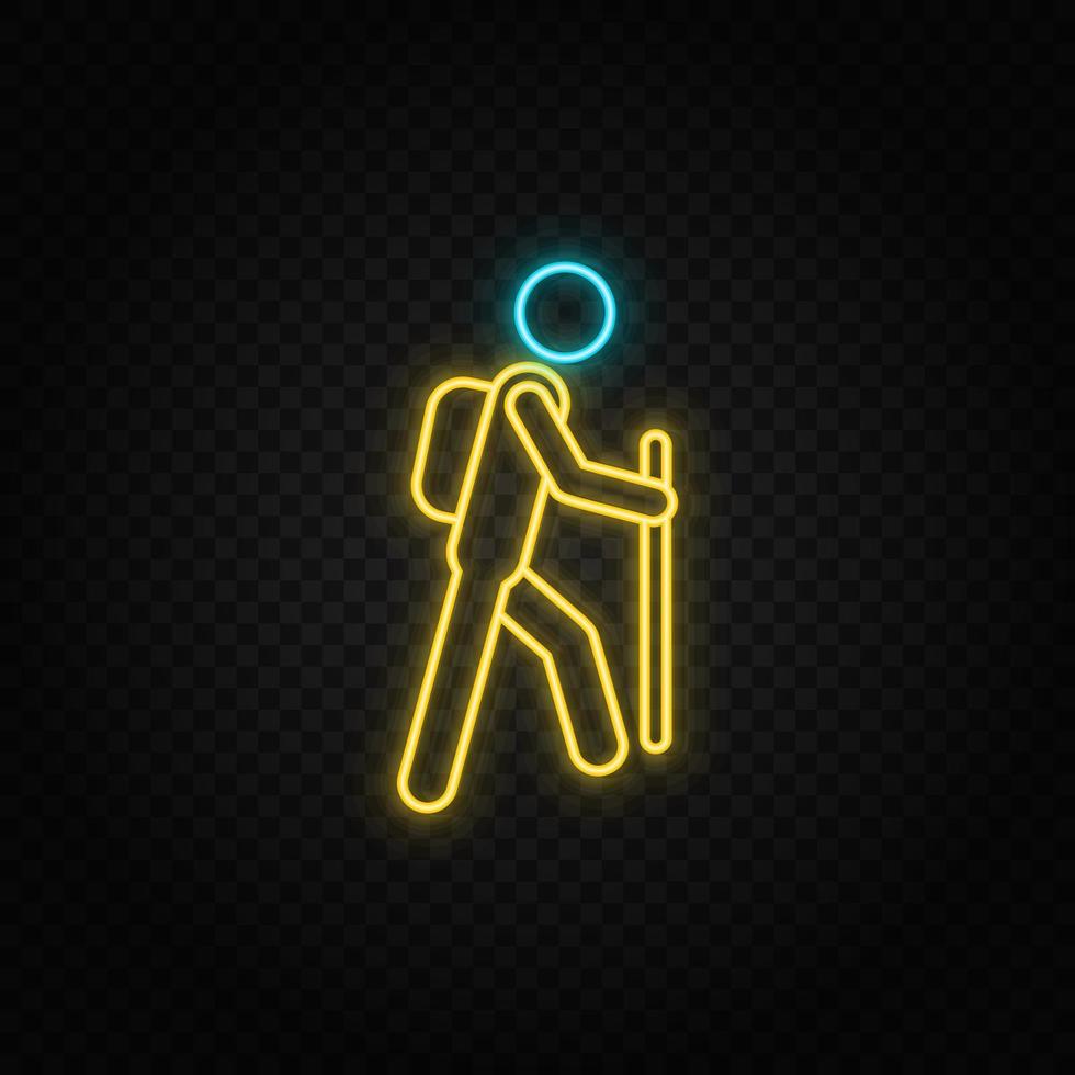 Mountain, man, travel. Blue and yellow neon vector icon. Transparent background.