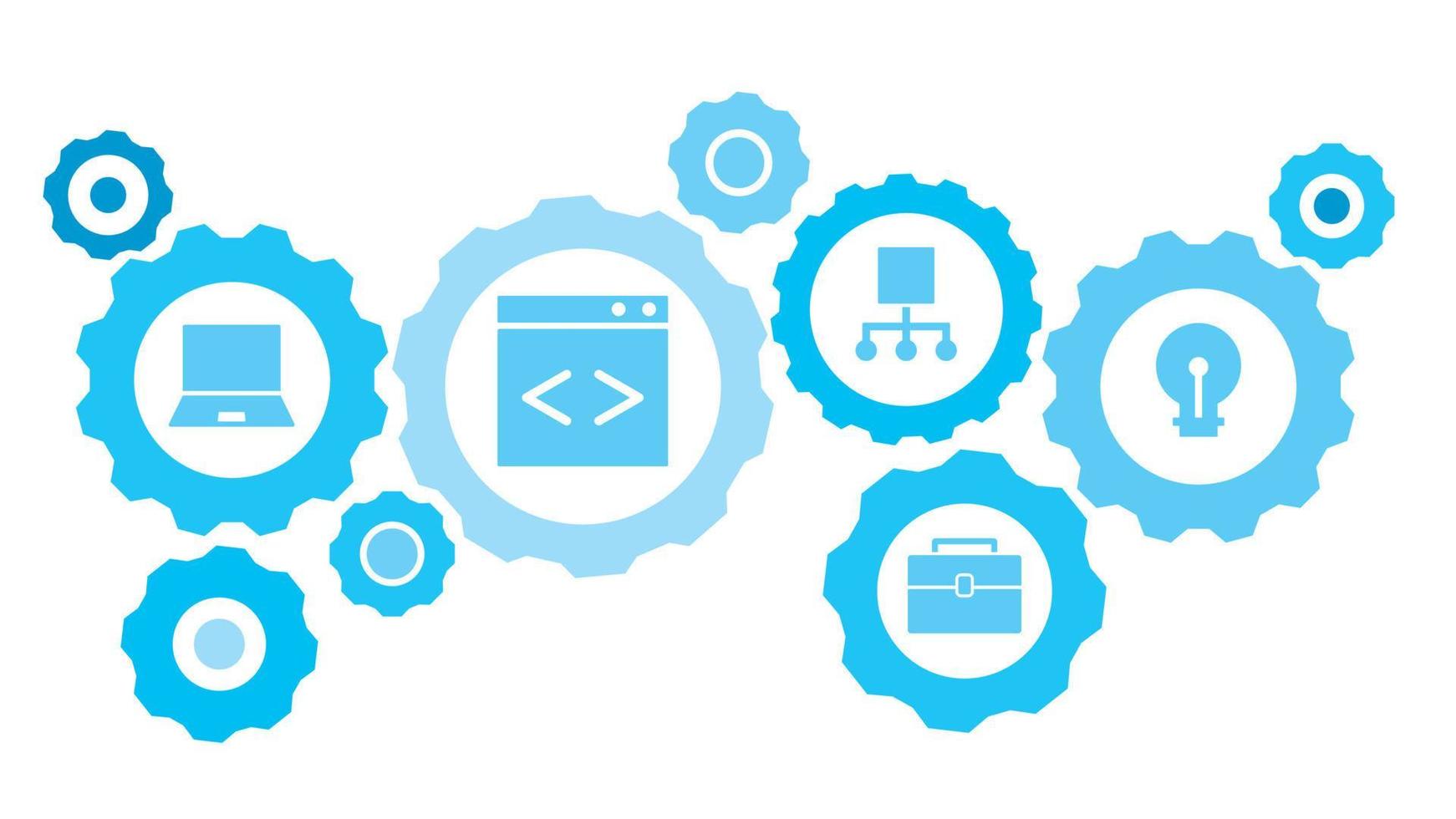 Connected gears and vector icons for logistic, service, shipping, distribution, transport, market, communicate concepts. light, bulb gear blue icon set on white background