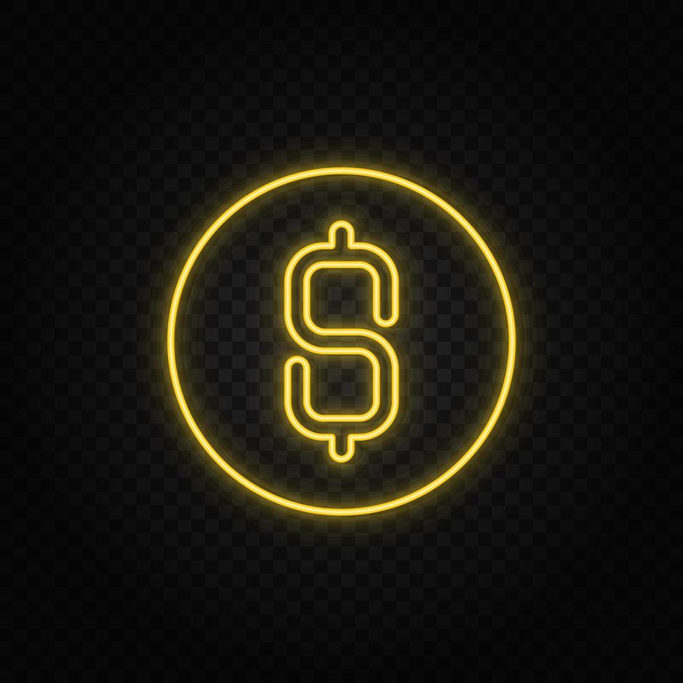 dollar, money, coin yellow neon icon .Transparent background. Yellow neon vector icon on dark background