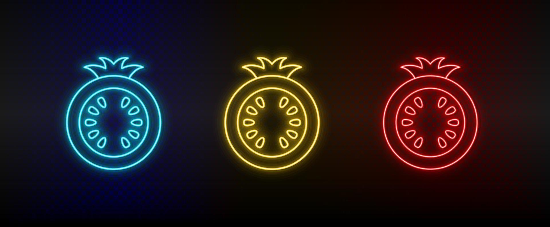 Neon icon set tomatoes. Set of red, blue, yellow neon vector icon on dark background