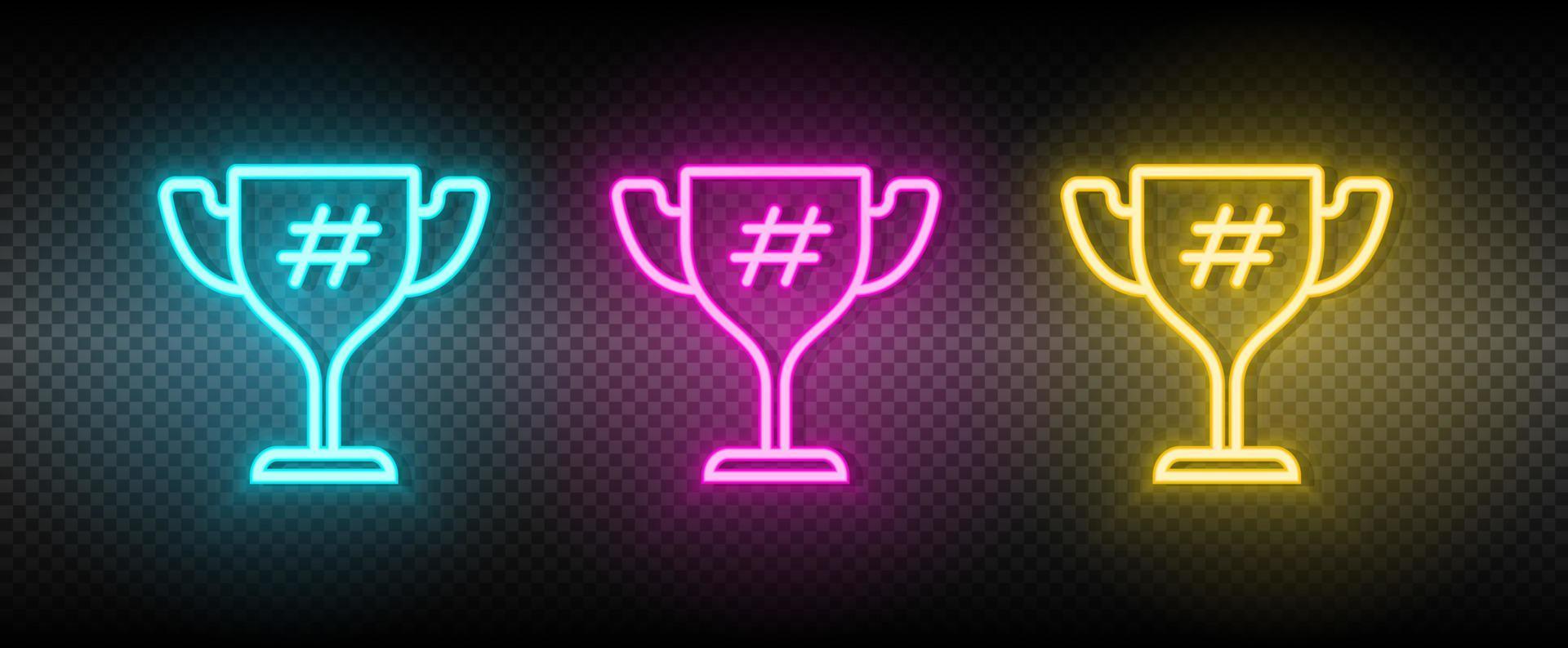 Award, cup, hashtag neon icon set. Media marketing vector illustration neon blue, yellow, red icon set