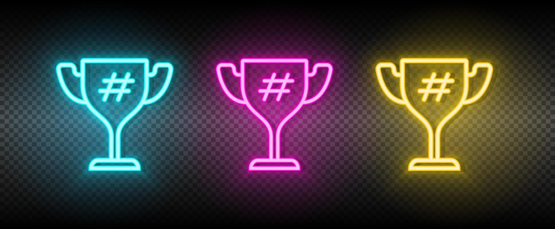 Award, cup, hashtag neon icon set. Media marketing vector illustration neon blue, yellow, red icon set