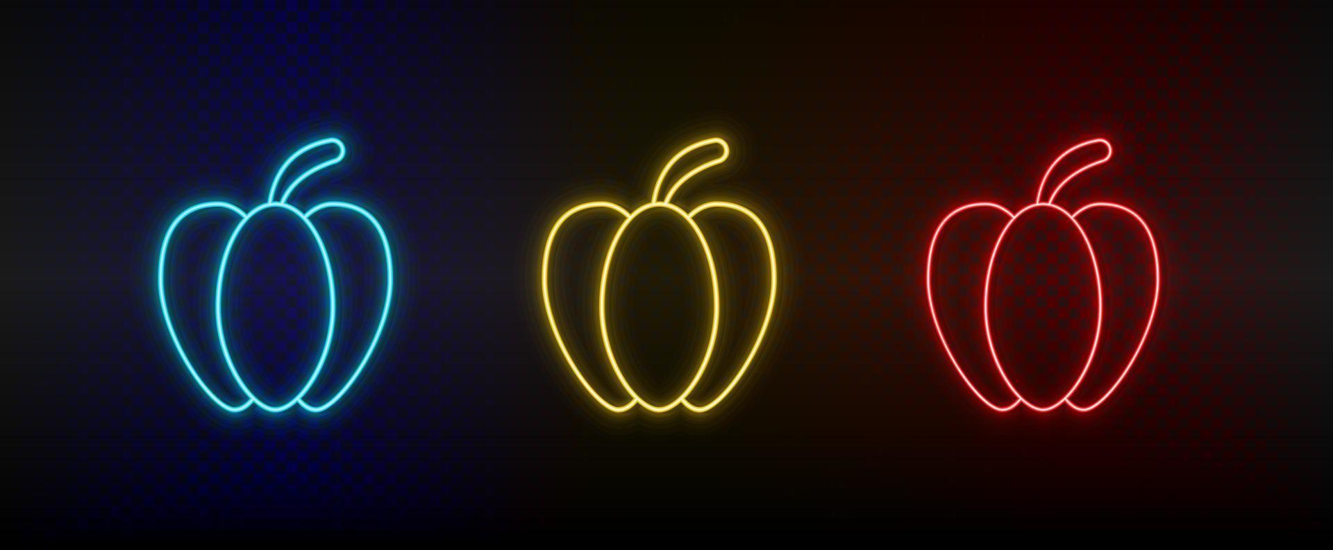 Neon icon set bell pepper. Set of red, blue, yellow neon vector icon on dark background