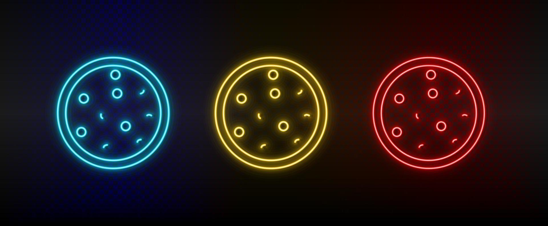 Neon icon set pizza. Set of red, blue, yellow neon vector icon on dark background