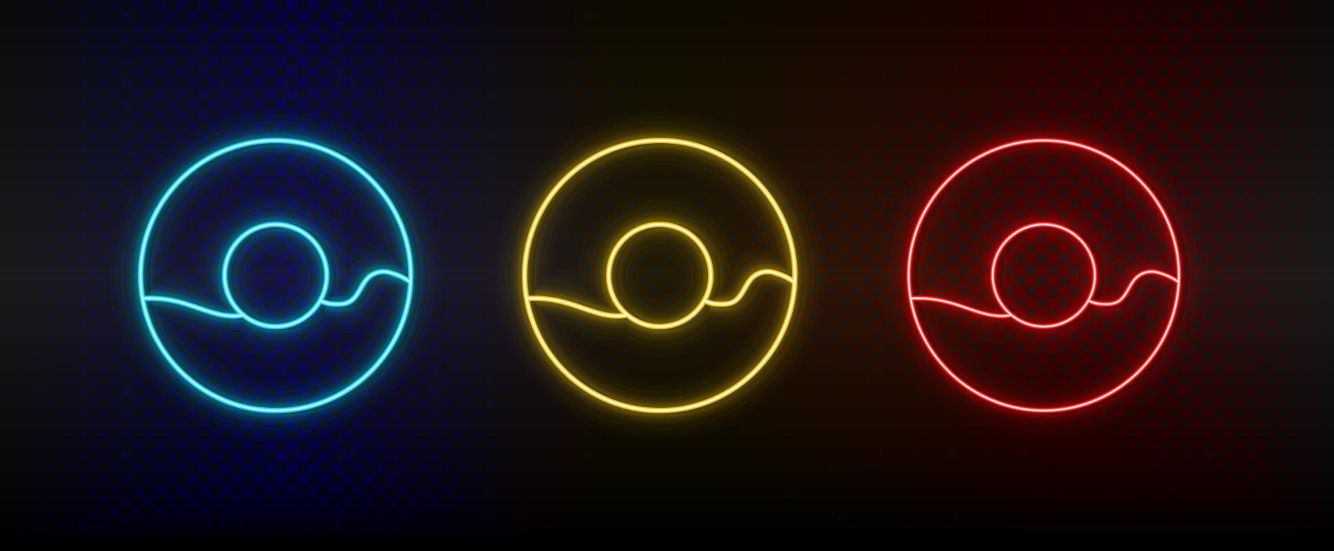 Neon icon set donut, doughnut. Set of red, blue, yellow neon vector icon on dark background