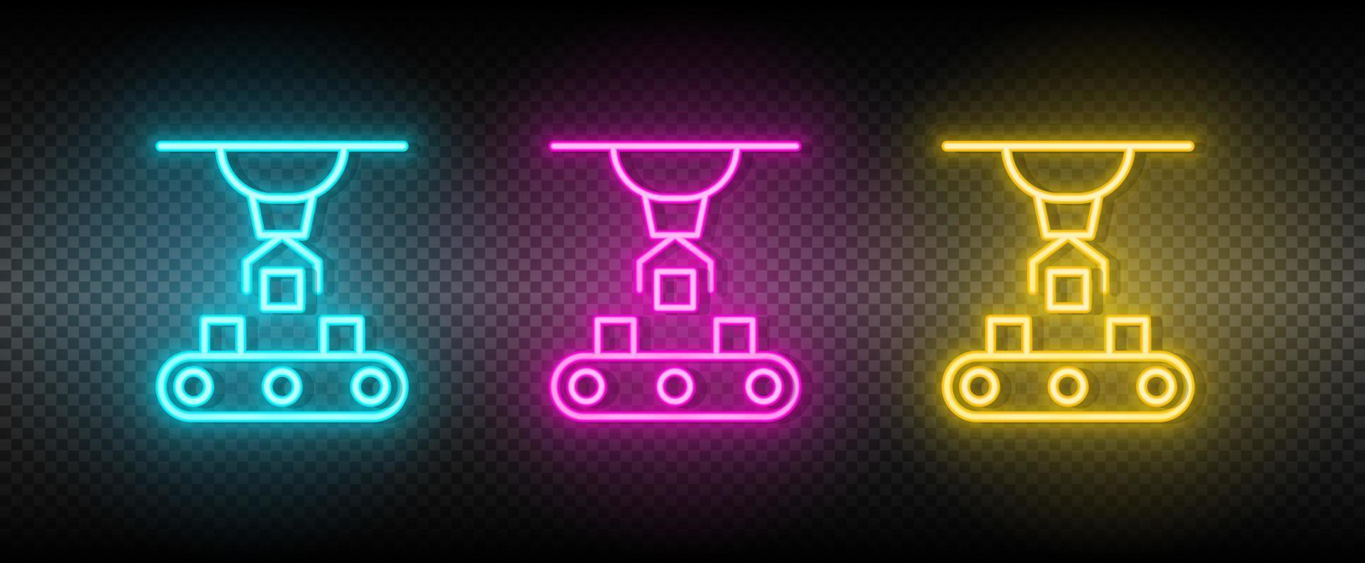 articulated robot, conveyor robot neon icon set. Technology vector illustration neon blue, yellow, red icon set