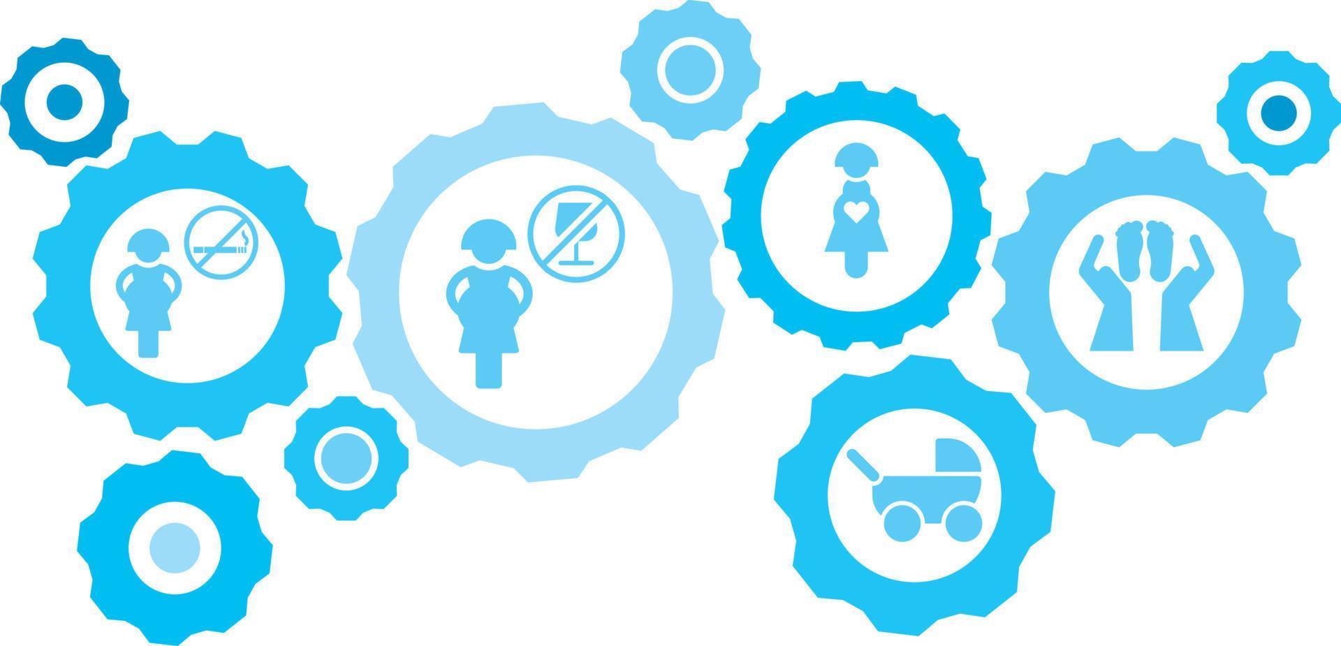 Connected gears and vector icons for logistic, service, shipping, distribution, transport, market, communicate concepts. Baby, stroller gear blue icon set .